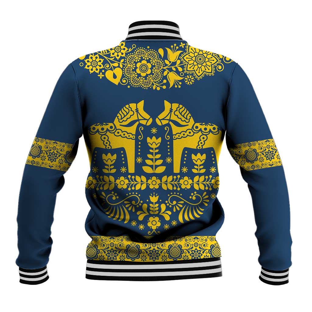 Sweden Daleclarian Horse Baseball Jacket Floral Folk Pattern Blue Version