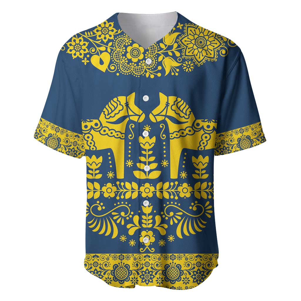 Sweden Daleclarian Horse Baseball Jersey Floral Folk Pattern Blue Version