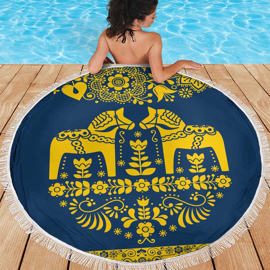 Sweden Daleclarian Horse Beach Blanket Floral Folk Pattern Blue Version
