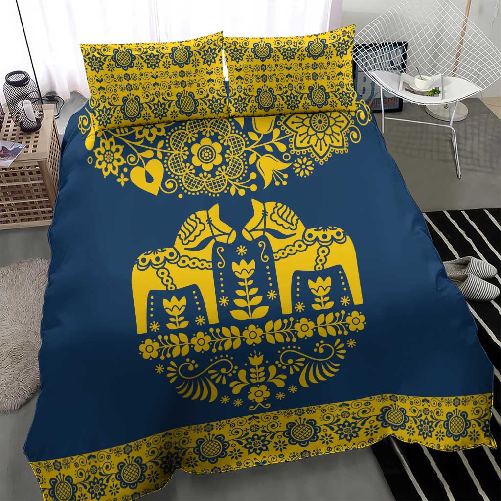 Sweden Daleclarian Horse Bedding Set Floral Folk Pattern Blue Version