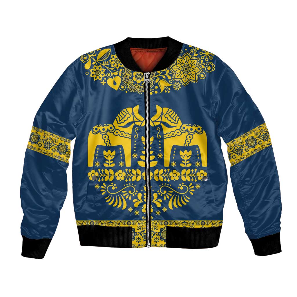 Sweden Daleclarian Horse Bomber Jacket Floral Folk Pattern Blue Version