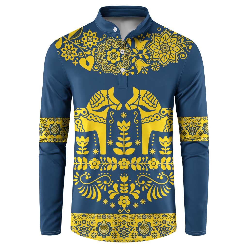 Sweden Daleclarian Horse Button Sweatshirt Floral Folk Pattern Blue Version