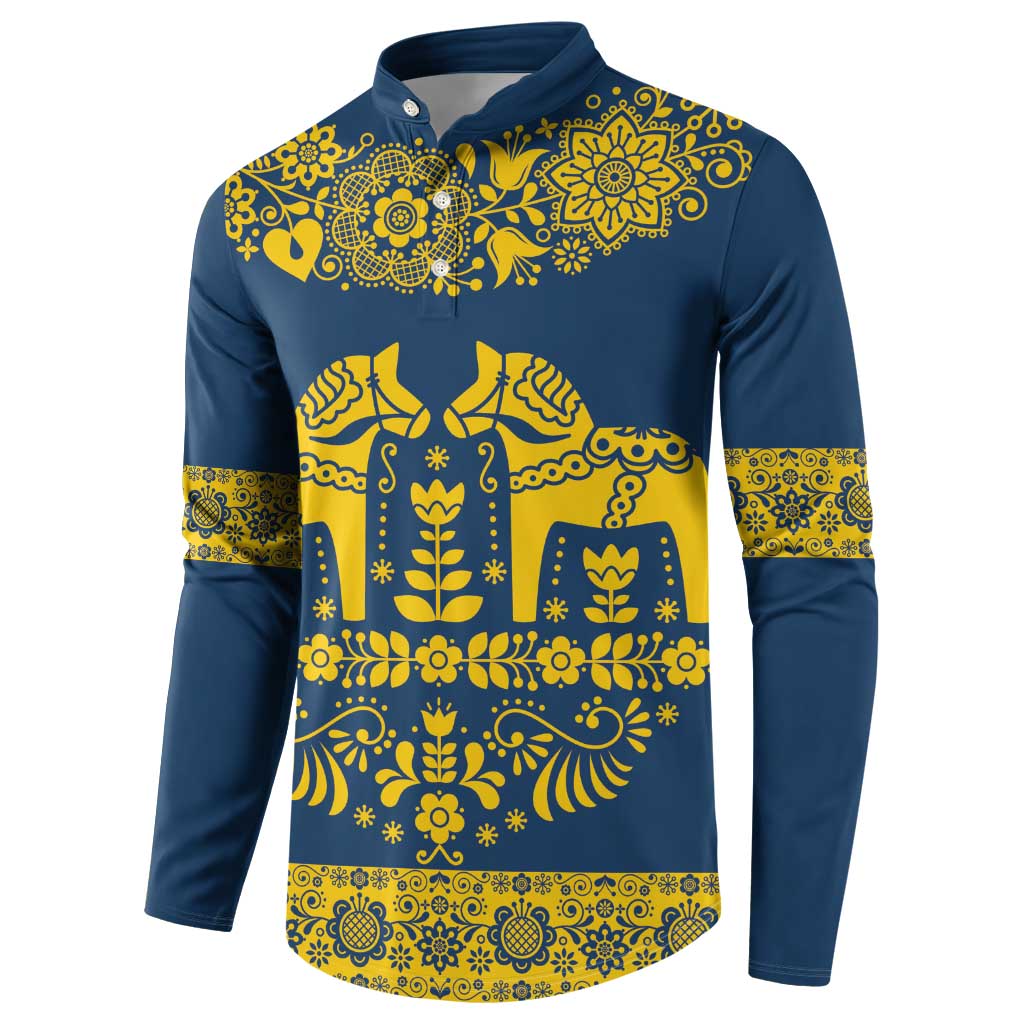 Sweden Daleclarian Horse Button Sweatshirt Floral Folk Pattern Blue Version