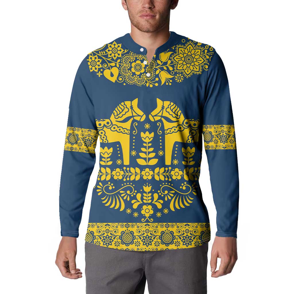 Sweden Daleclarian Horse Button Sweatshirt Floral Folk Pattern Blue Version