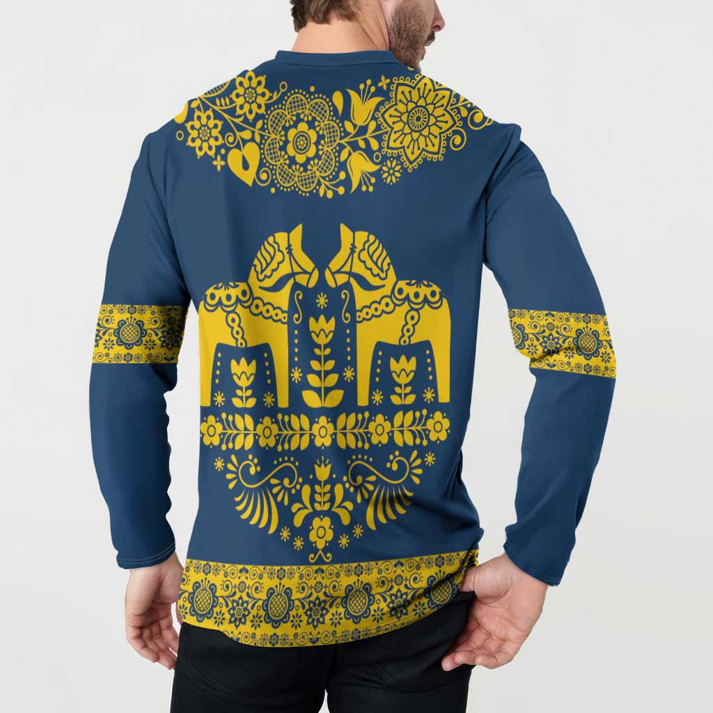 Sweden Daleclarian Horse Button Sweatshirt Floral Folk Pattern Blue Version