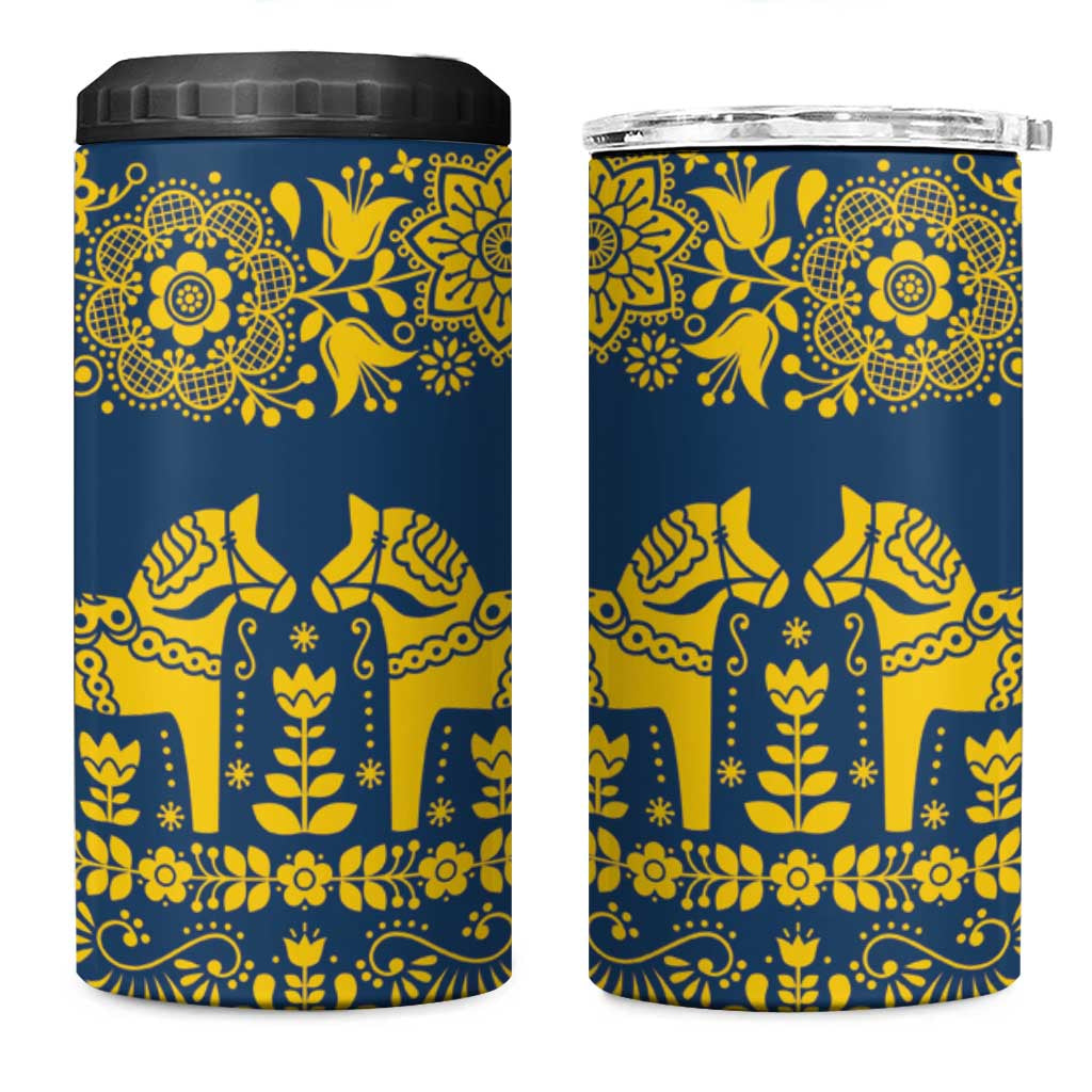 Sweden Dalecarlian Horse 4 in 1 Can Cooler Tumbler Floral Folk Pattern Blue Version LT18