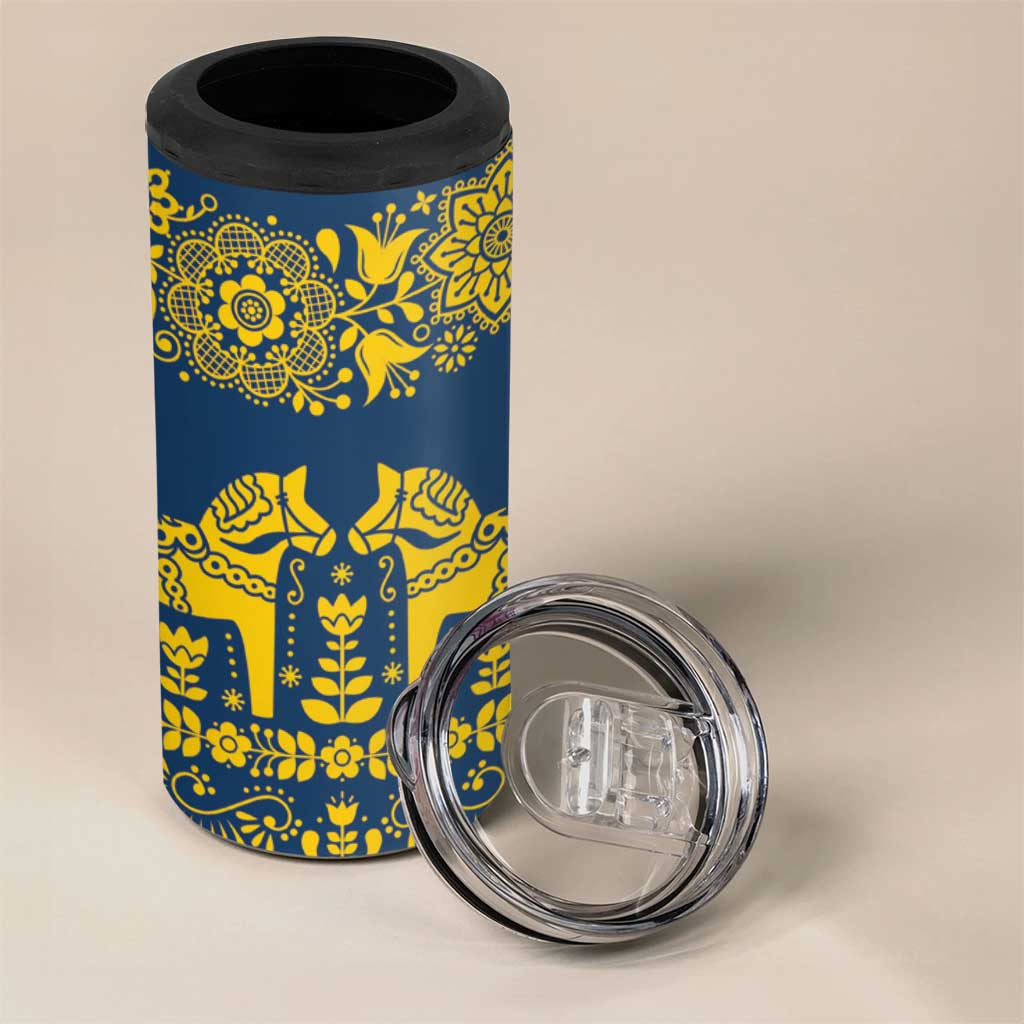 Sweden Dalecarlian Horse 4 in 1 Can Cooler Tumbler Floral Folk Pattern Blue Version LT18