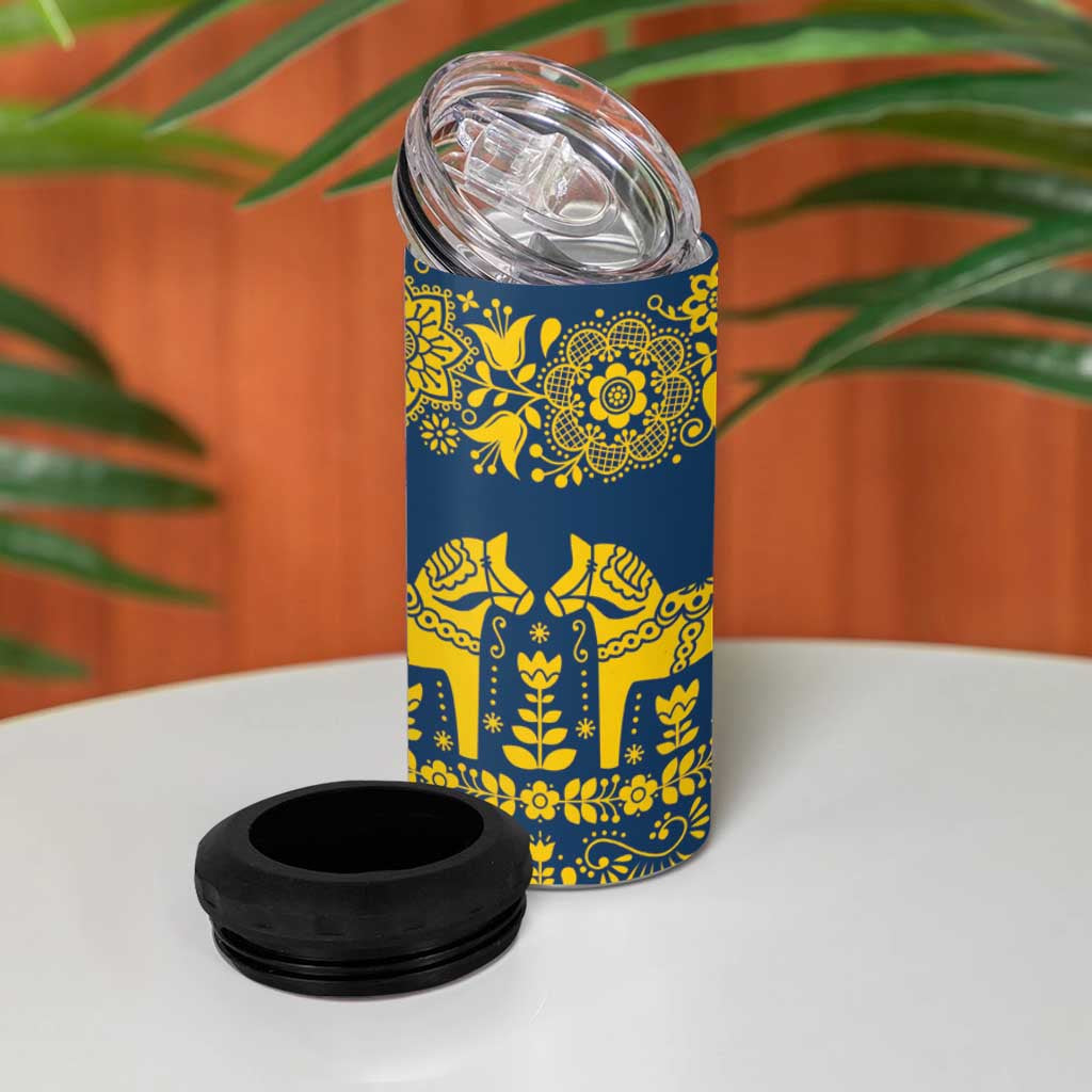 Sweden Dalecarlian Horse 4 in 1 Can Cooler Tumbler Floral Folk Pattern Blue Version LT18
