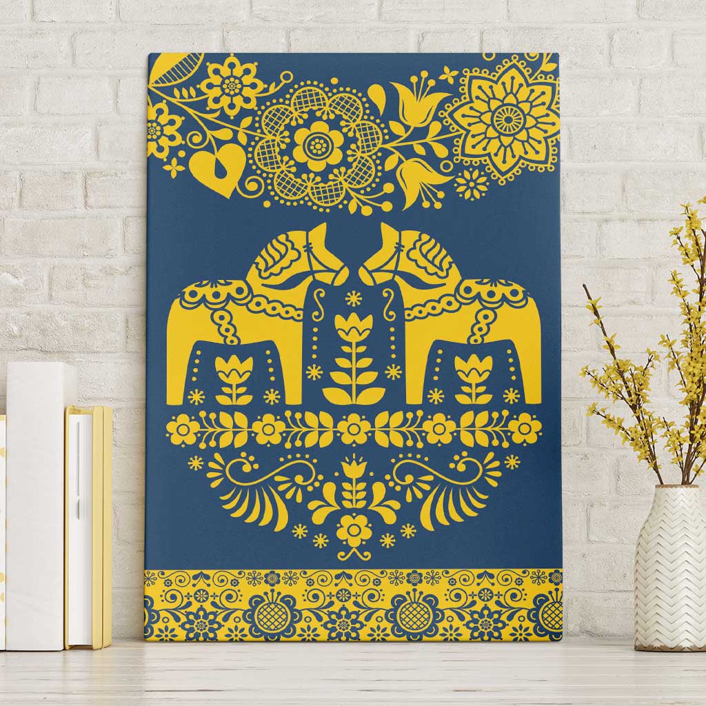 Sweden Daleclarian Horse Canvas Wall Art Floral Folk Pattern Blue Version