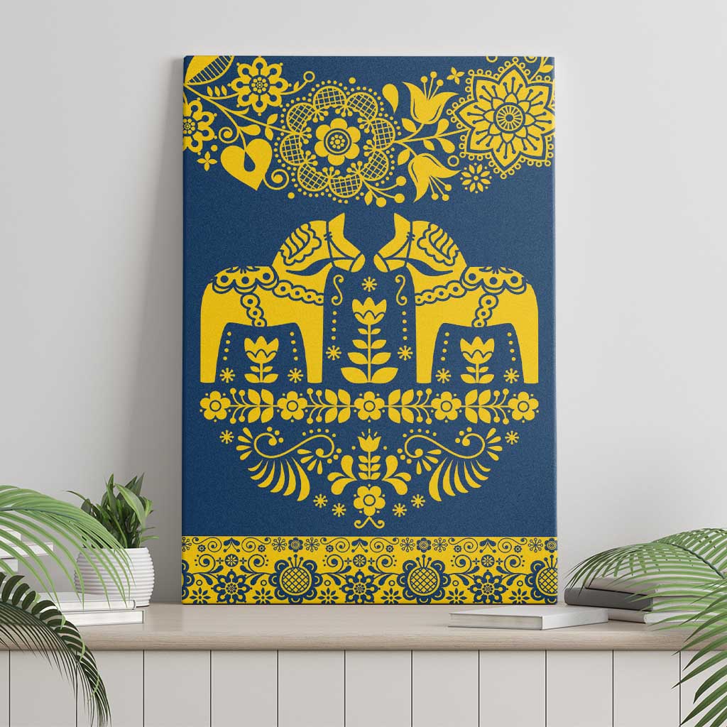 Sweden Daleclarian Horse Canvas Wall Art Floral Folk Pattern Blue Version