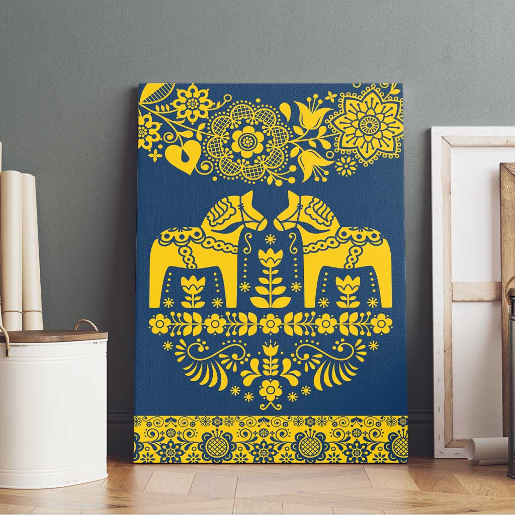 Sweden Daleclarian Horse Canvas Wall Art Floral Folk Pattern Blue Version