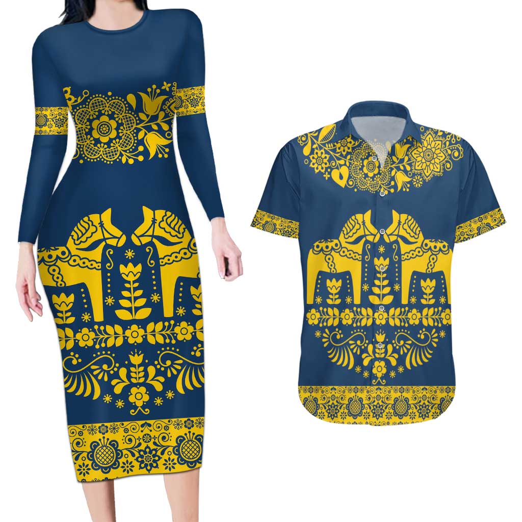Sweden Daleclarian Horse Couples Matching Long Sleeve Bodycon Dress and Hawaiian Shirt Floral Folk Pattern Blue Version