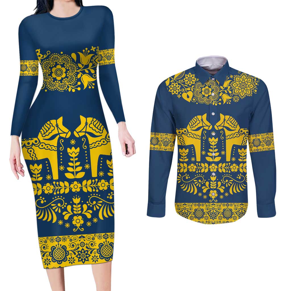 Sweden Daleclarian Horse Couples Matching Long Sleeve Bodycon Dress and Long Sleeve Button Shirt Floral Folk Pattern Blue Version