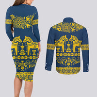 Sweden Daleclarian Horse Couples Matching Long Sleeve Bodycon Dress and Long Sleeve Button Shirt Floral Folk Pattern Blue Version