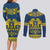Sweden Daleclarian Horse Couples Matching Long Sleeve Bodycon Dress and Long Sleeve Button Shirt Floral Folk Pattern Blue Version