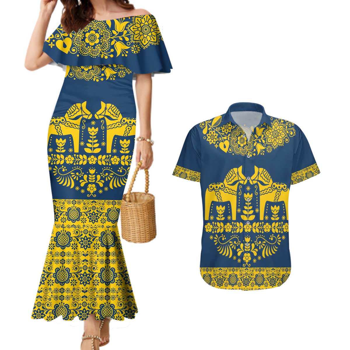 Sweden Daleclarian Horse Couples Matching Mermaid Dress and Hawaiian Shirt Floral Folk Pattern Blue Version
