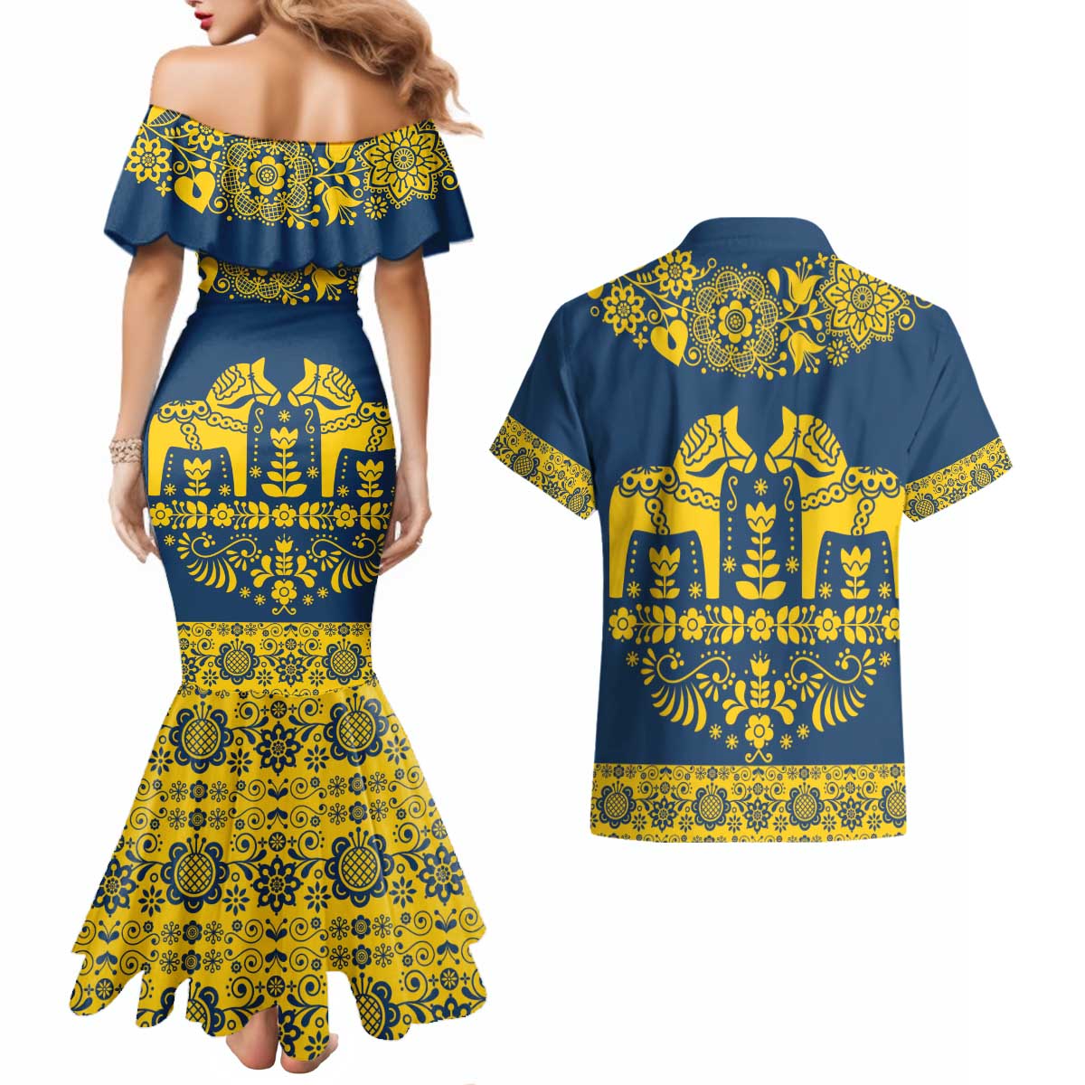 Sweden Daleclarian Horse Couples Matching Mermaid Dress and Hawaiian Shirt Floral Folk Pattern Blue Version
