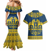 Sweden Daleclarian Horse Couples Matching Mermaid Dress and Hawaiian Shirt Floral Folk Pattern Blue Version