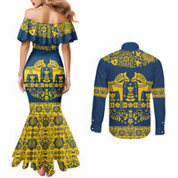 Sweden Daleclarian Horse Couples Matching Mermaid Dress and Long Sleeve Button Shirt Floral Folk Pattern Blue Version
