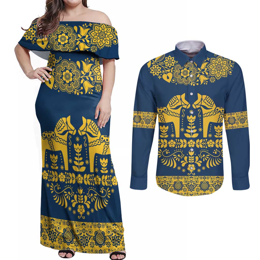 Sweden Daleclarian Horse Couples Matching Off Shoulder Maxi Dress and Long Sleeve Button Shirt Floral Folk Pattern Blue Version