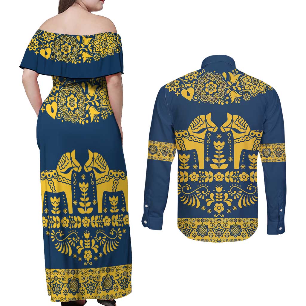 Sweden Daleclarian Horse Couples Matching Off Shoulder Maxi Dress and Long Sleeve Button Shirt Floral Folk Pattern Blue Version
