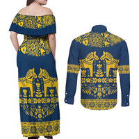 Sweden Daleclarian Horse Couples Matching Off Shoulder Maxi Dress and Long Sleeve Button Shirt Floral Folk Pattern Blue Version