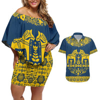 Sweden Daleclarian Horse Couples Matching Off Shoulder Short Dress and Hawaiian Shirt Floral Folk Pattern Blue Version