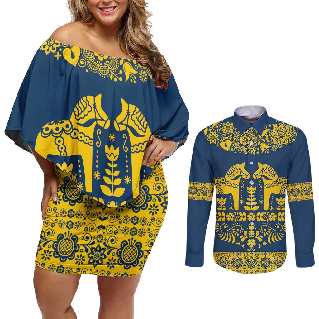 Sweden Daleclarian Horse Couples Matching Off Shoulder Short Dress and Long Sleeve Button Shirt Floral Folk Pattern Blue Version