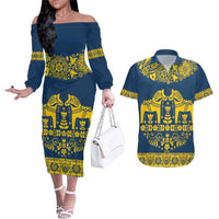 Sweden Daleclarian Horse Couples Matching Off The Shoulder Long Sleeve Dress and Hawaiian Shirt Floral Folk Pattern Blue Version