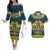 Sweden Daleclarian Horse Couples Matching Off The Shoulder Long Sleeve Dress and Hawaiian Shirt Floral Folk Pattern Blue Version