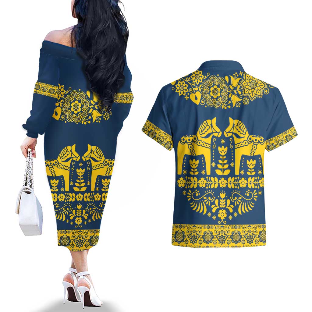 Sweden Daleclarian Horse Couples Matching Off The Shoulder Long Sleeve Dress and Hawaiian Shirt Floral Folk Pattern Blue Version