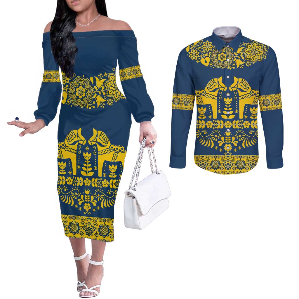 Sweden Daleclarian Horse Couples Matching Off The Shoulder Long Sleeve Dress and Long Sleeve Button Shirt Floral Folk Pattern Blue Version