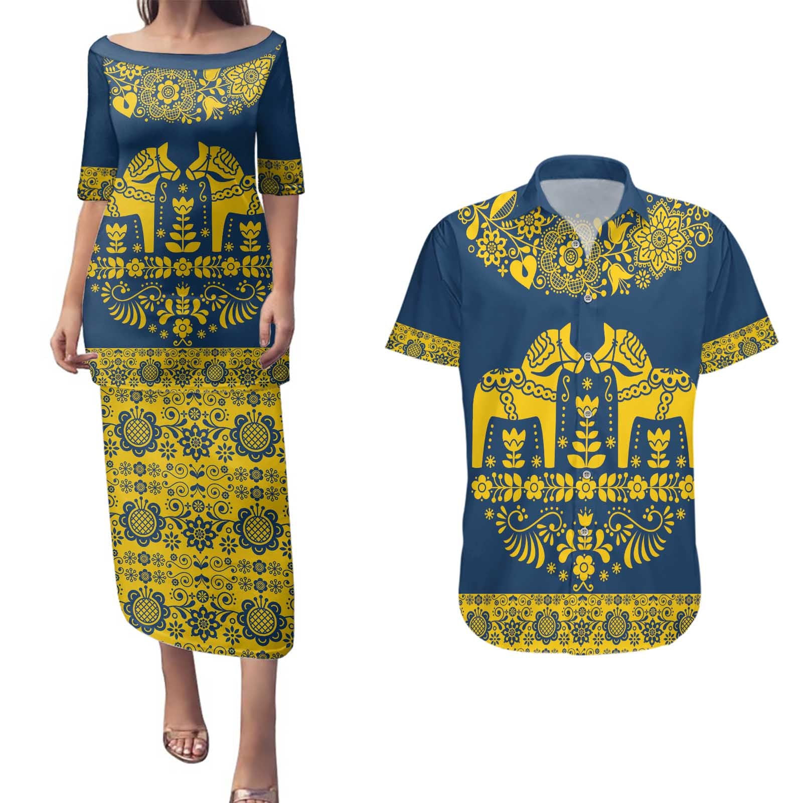 Sweden Daleclarian Horse Couples Matching Puletasi and Hawaiian Shirt Floral Folk Pattern Blue Version