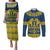 Sweden Daleclarian Horse Couples Matching Puletasi and Long Sleeve Button Shirt Floral Folk Pattern Blue Version
