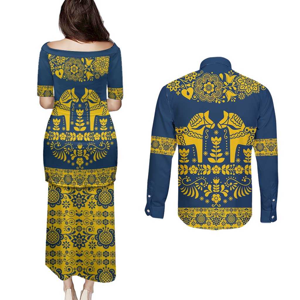 Sweden Daleclarian Horse Couples Matching Puletasi and Long Sleeve Button Shirt Floral Folk Pattern Blue Version