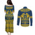 Sweden Daleclarian Horse Couples Matching Puletasi and Long Sleeve Button Shirt Floral Folk Pattern Blue Version