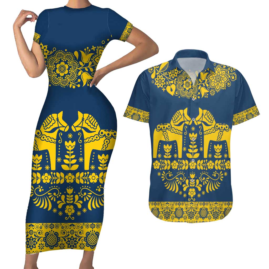 Sweden Daleclarian Horse Couples Matching Short Sleeve Bodycon Dress and Hawaiian Shirt Floral Folk Pattern Blue Version