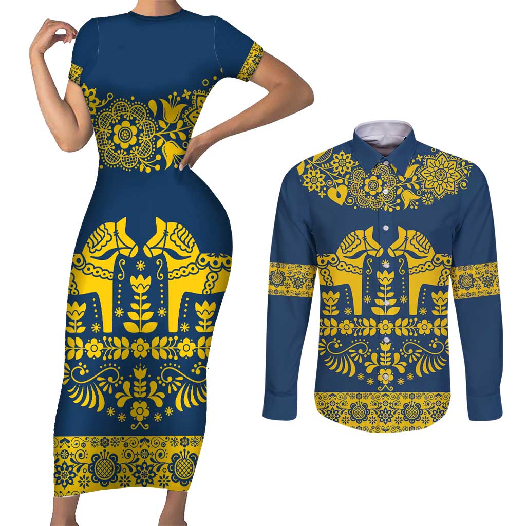 Sweden Daleclarian Horse Couples Matching Short Sleeve Bodycon Dress and Long Sleeve Button Shirt Floral Folk Pattern Blue Version