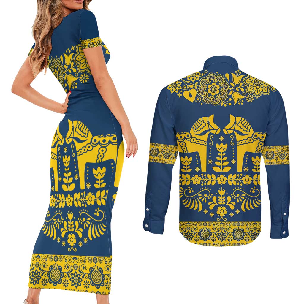 Sweden Daleclarian Horse Couples Matching Short Sleeve Bodycon Dress and Long Sleeve Button Shirt Floral Folk Pattern Blue Version