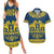 Sweden Daleclarian Horse Couples Matching Summer Maxi Dress and Hawaiian Shirt Floral Folk Pattern Blue Version