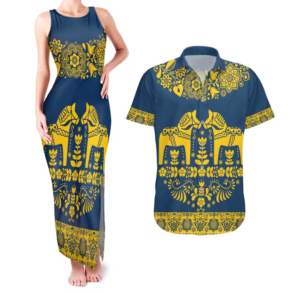 Sweden Daleclarian Horse Couples Matching Tank Maxi Dress and Hawaiian Shirt Floral Folk Pattern Blue Version