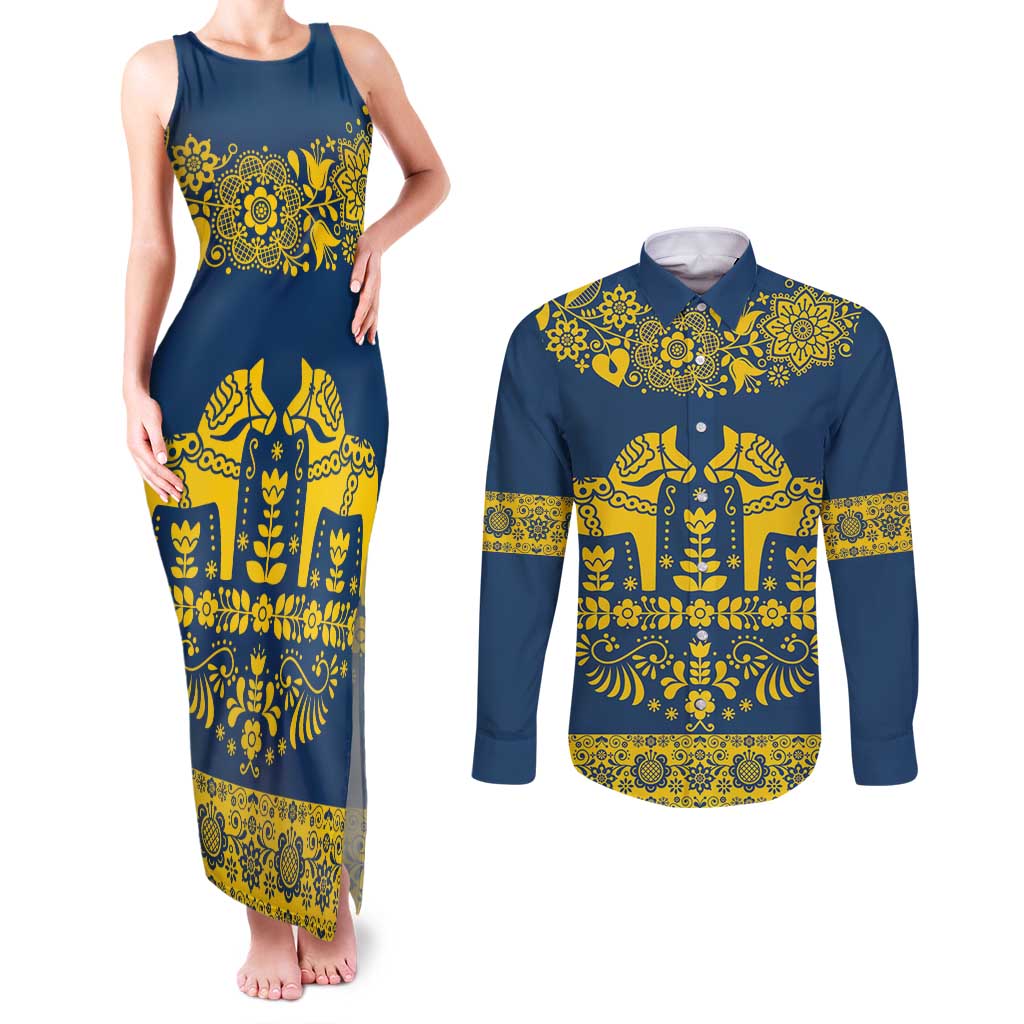 Sweden Daleclarian Horse Couples Matching Tank Maxi Dress and Long Sleeve Button Shirt Floral Folk Pattern Blue Version