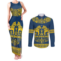 Sweden Daleclarian Horse Couples Matching Tank Maxi Dress and Long Sleeve Button Shirt Floral Folk Pattern Blue Version