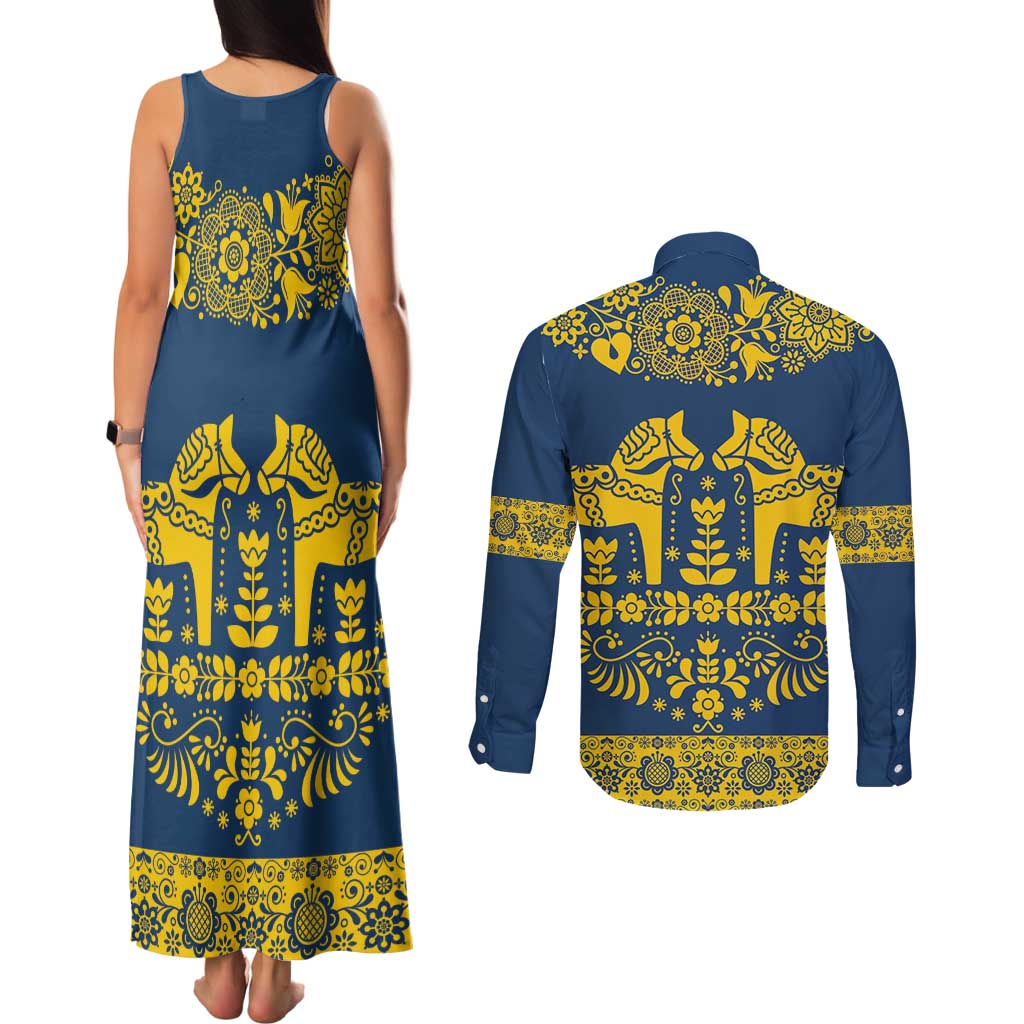 Sweden Daleclarian Horse Couples Matching Tank Maxi Dress and Long Sleeve Button Shirt Floral Folk Pattern Blue Version
