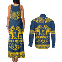 Sweden Daleclarian Horse Couples Matching Tank Maxi Dress and Long Sleeve Button Shirt Floral Folk Pattern Blue Version