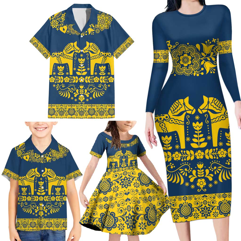 Sweden Daleclarian Horse Family Matching Long Sleeve Bodycon Dress and Hawaiian Shirt Floral Folk Pattern Blue Version
