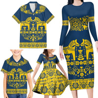 Sweden Daleclarian Horse Family Matching Long Sleeve Bodycon Dress and Hawaiian Shirt Floral Folk Pattern Blue Version