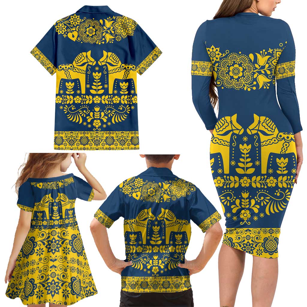 Sweden Daleclarian Horse Family Matching Long Sleeve Bodycon Dress and Hawaiian Shirt Floral Folk Pattern Blue Version