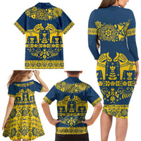 Sweden Daleclarian Horse Family Matching Long Sleeve Bodycon Dress and Hawaiian Shirt Floral Folk Pattern Blue Version