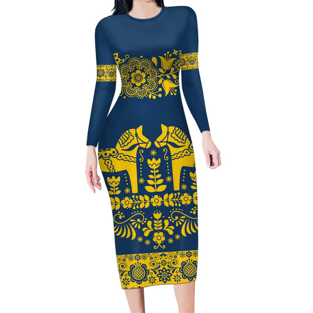 Sweden Daleclarian Horse Family Matching Long Sleeve Bodycon Dress and Hawaiian Shirt Floral Folk Pattern Blue Version